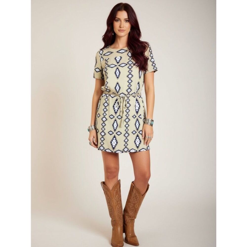 Tan Blue Tribal Western Shift Dress Gold Chain Tassel Belt NWT